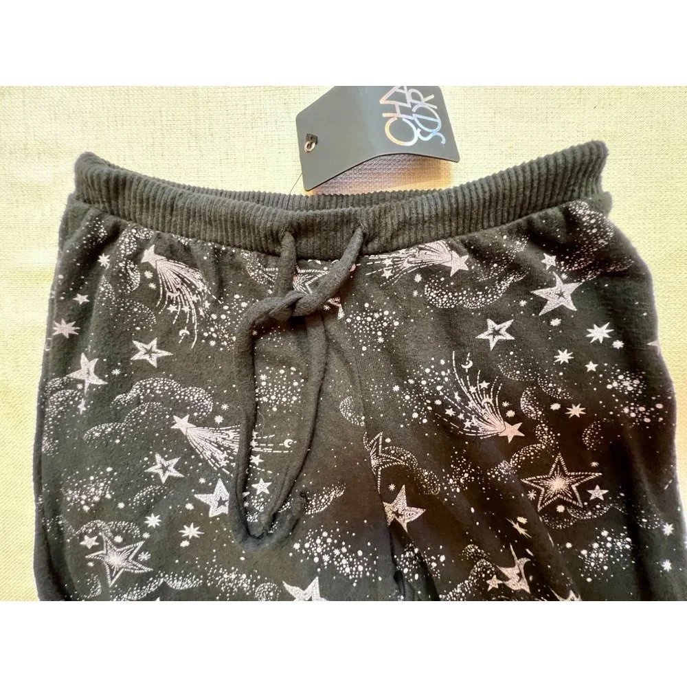 Chaser Black Mystical Star Print Bliss Knit Shirred Jogger Pants Black Purple S - Picture 2 of 13